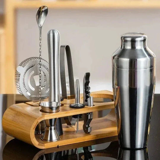 Stainless Steel Cocktail Shaker Set With Bamboo Stand