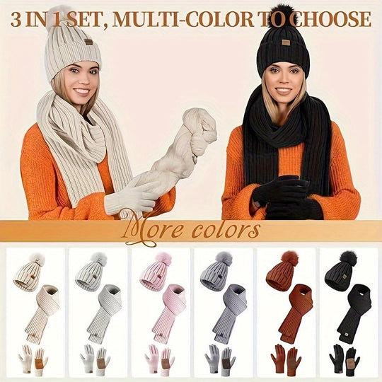 Winter Knit Hat Scarf Gloves Set | Touchscreen Compatible 3-Piece