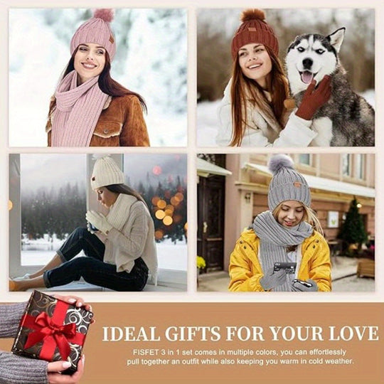 Winter Knit Hat Scarf Gloves Set | Touchscreen Compatible 3-Piece