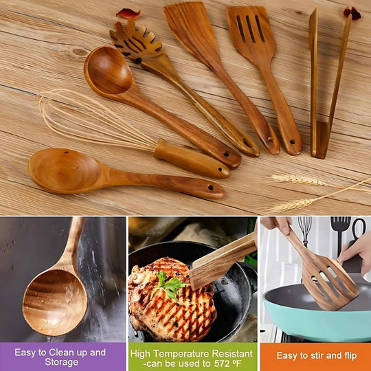 Cooking Utensils Wooden Set Non Scratch Heat Resistant Kitchen Tools