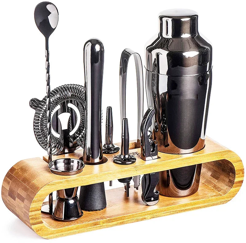 Stainless Steel Cocktail Shaker Set With Bamboo Stand