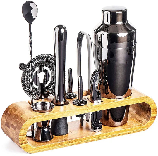 Stainless Steel Cocktail Shaker Set With Bamboo Stand