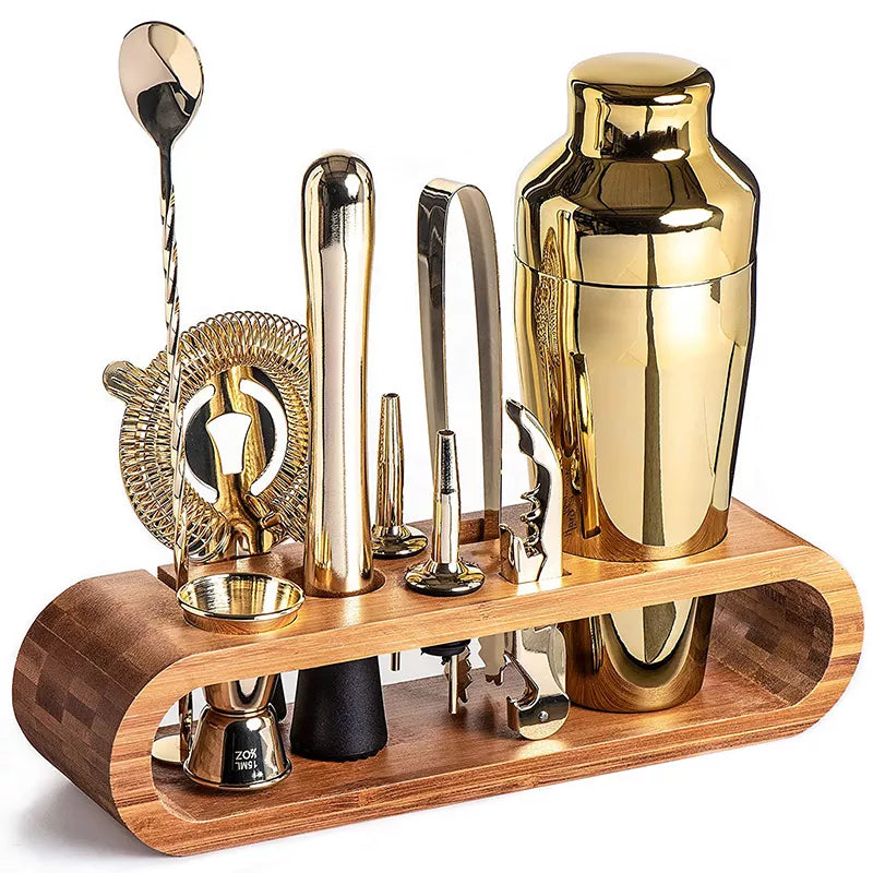 Stainless Steel Cocktail Shaker Set With Bamboo Stand