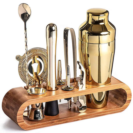 Stainless Steel Cocktail Shaker Set With Bamboo Stand