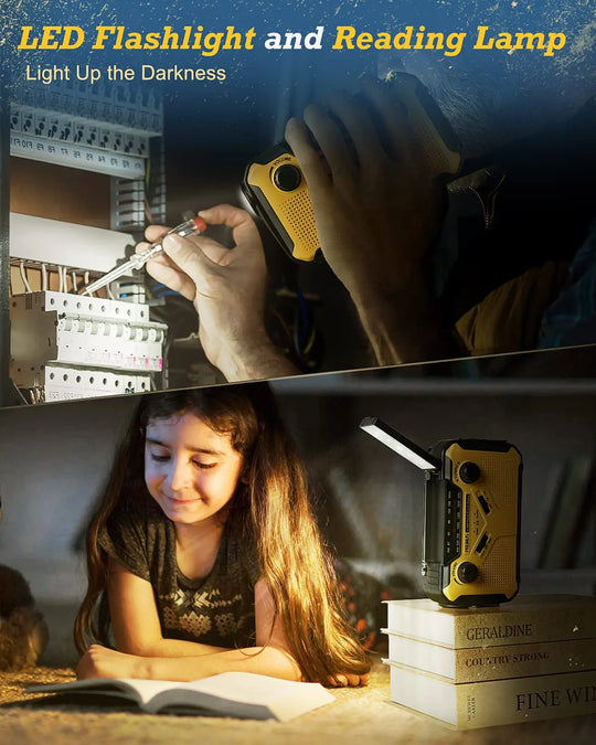 SafeSignal – Portable Emergency Radio with Flashlight & Power Bank | Solar, Crank & USB Charging