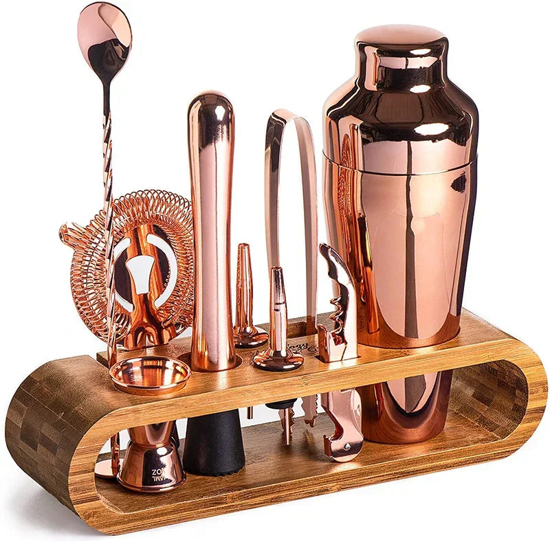 Stainless Steel Cocktail Shaker Set With Bamboo Stand
