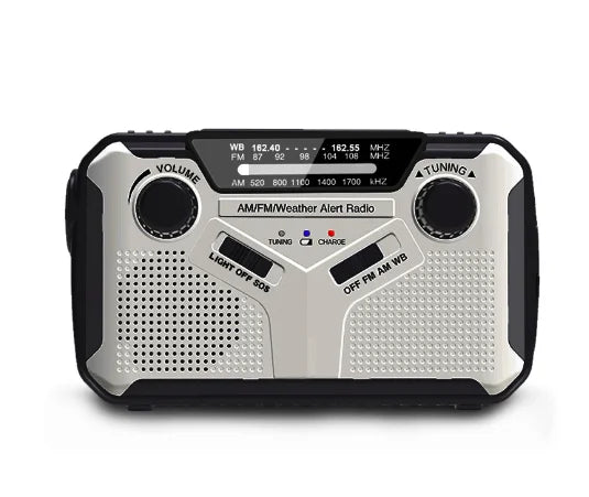 SafeSignal – Portable Emergency Radio with Flashlight & Power Bank | Solar, Crank & USB Charging