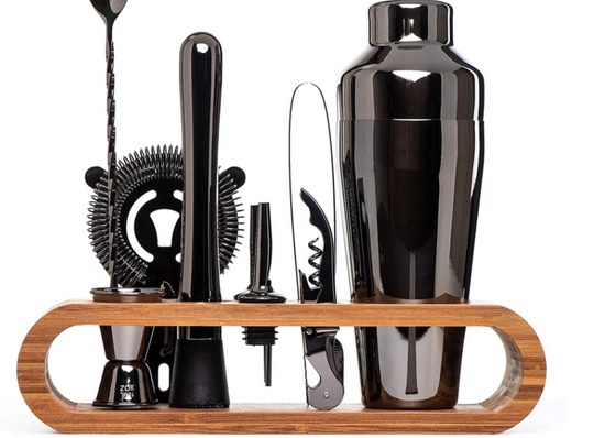 Stainless Steel Cocktail Shaker Set With Bamboo Stand