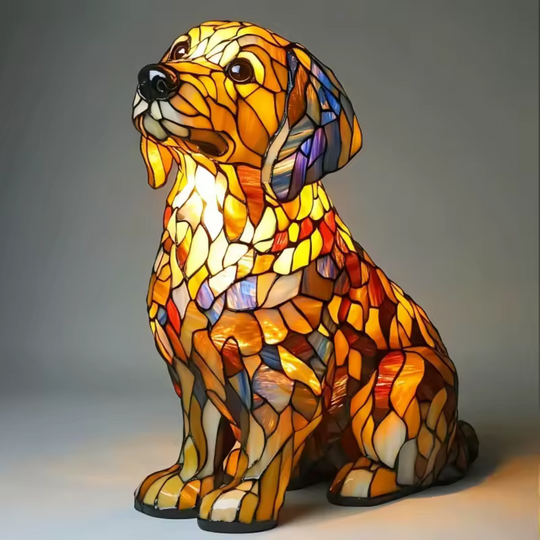 Stained glass look dog table lamp with multicolour mosaic