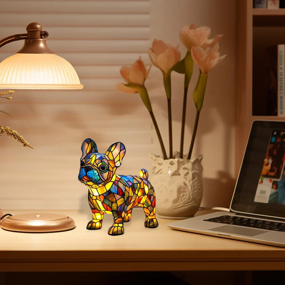 Stained glass look dog table lamp with multicolour mosaic