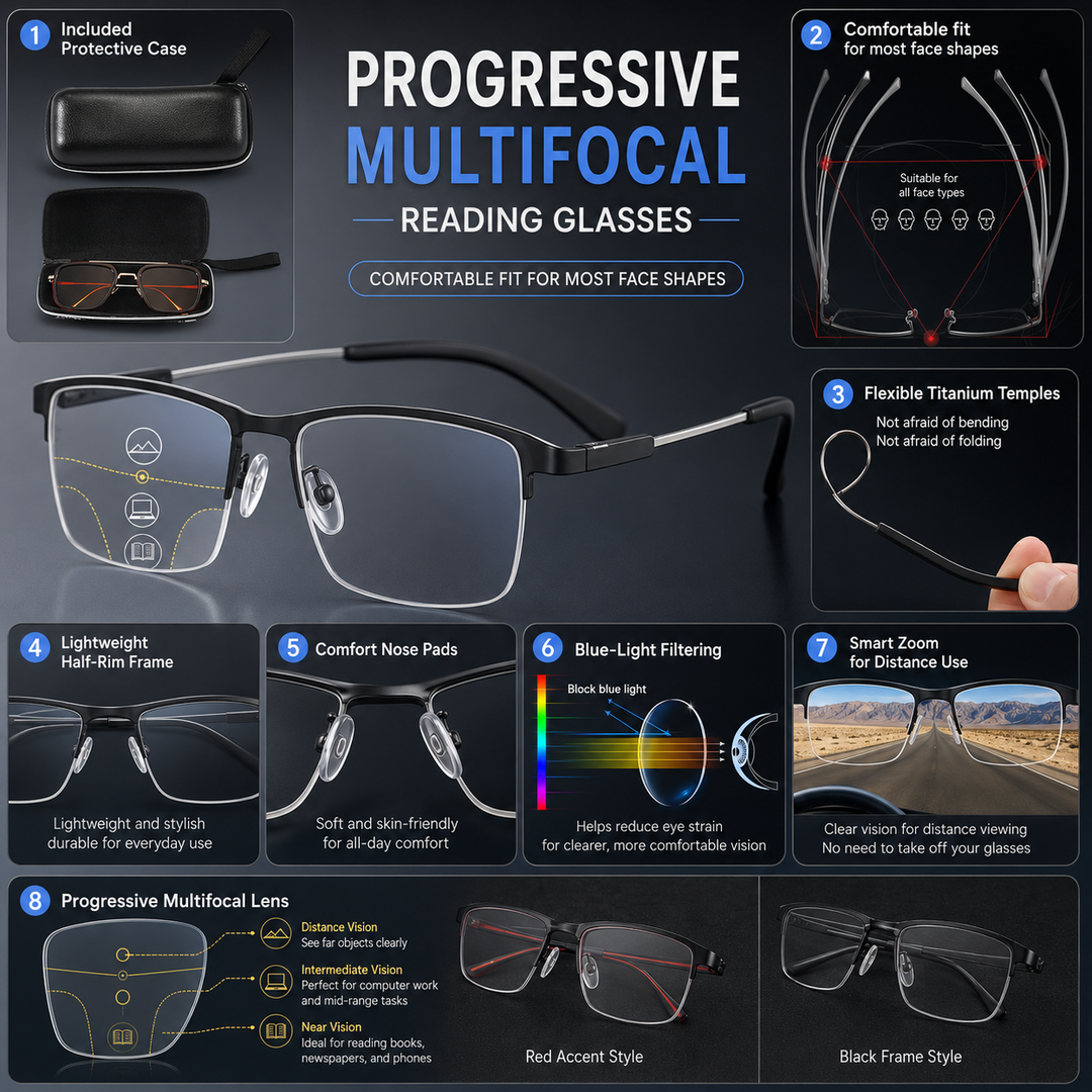Progressive Optical Glasses with Blue Light Filter and Auto Vision Adjustment