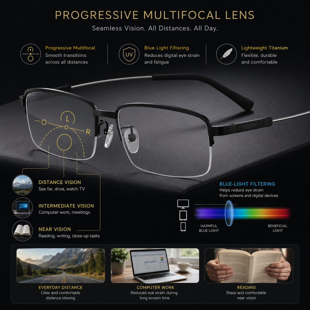 Progressive Optical Glasses with Blue Light Filter and Auto Vision Adjustment