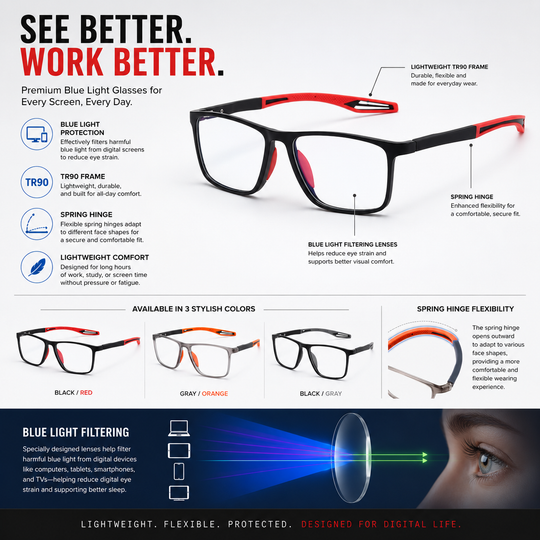 Men's Blue Light Blocking Square Reading Glasses, Ultra Light Sport Frame