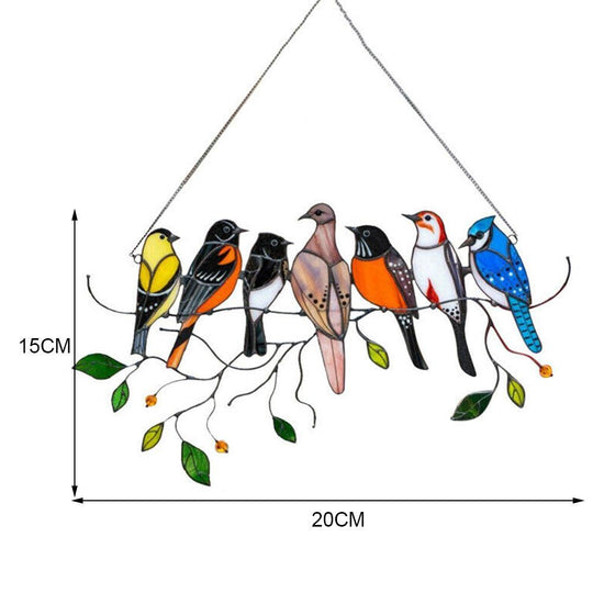Stained Glass Hanging Bird Art with Colorful Spring Birds Suncatcher Design Motif